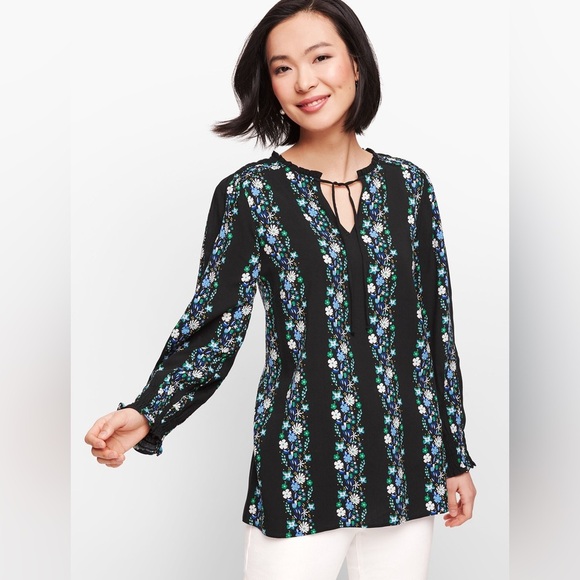 Woman’s Talbots TIE NECK SMOCKED TOP FLORAL STRIPE Long Sleeve Medium Peasant - Picture 1 of 12